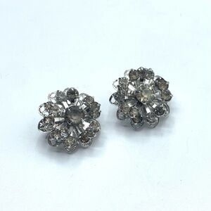 Vintage Sarah Coventry Earrings Clip On Silver Tone Rhinestone Flowers